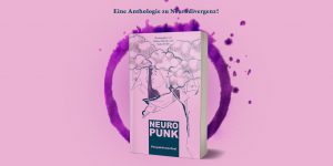 Das Bild zeigt das Mockup von Neuropunk vor einem rosa Hintergrund und in einem lila Kreis. Das Cover zeigt eine gezeichnete Figur auf rosa Hintergrund. Ihr Kopf steckt in den Wolken, und sie hat einen entspannten Gesichtsausdruck.
