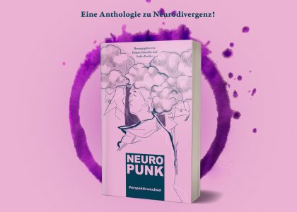 Das Bild zeigt das Mockup von Neuropunk vor einem rosa Hintergrund und in einem lila Kreis. Das Cover zeigt eine gezeichnete Figur auf rosa Hintergrund. Ihr Kopf steckt in den Wolken, und sie hat einen entspannten Gesichtsausdruck.