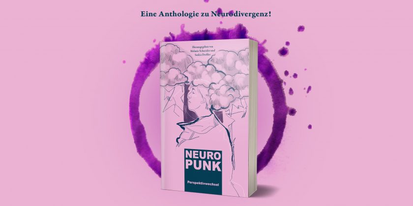 Das Bild zeigt das Mockup von Neuropunk vor einem rosa Hintergrund und in einem lila Kreis. Das Cover zeigt eine gezeichnete Figur auf rosa Hintergrund. Ihr Kopf steckt in den Wolken, und sie hat einen entspannten Gesichtsausdruck.